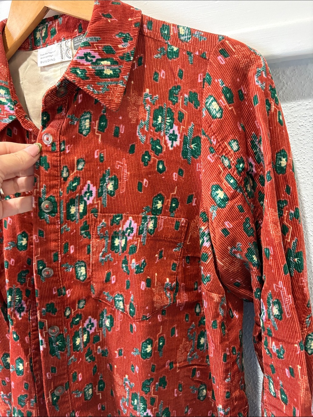 Anthropologie Red Floral Button-Down Shirt with Green Accents - Picture 4 of 6